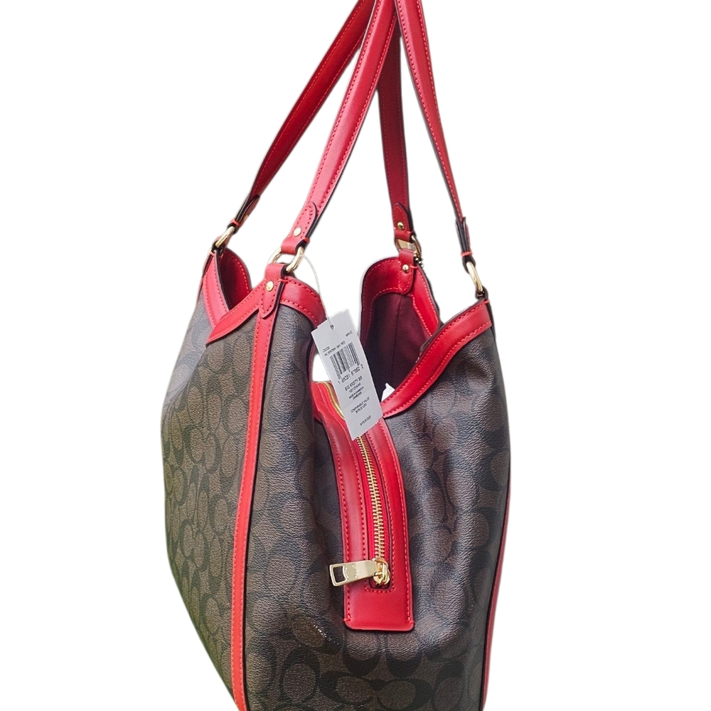 Coach Brown Signature Coated Canvas & Red Leather Trim Kristy Shoulder Bag - Picture 10 of 14